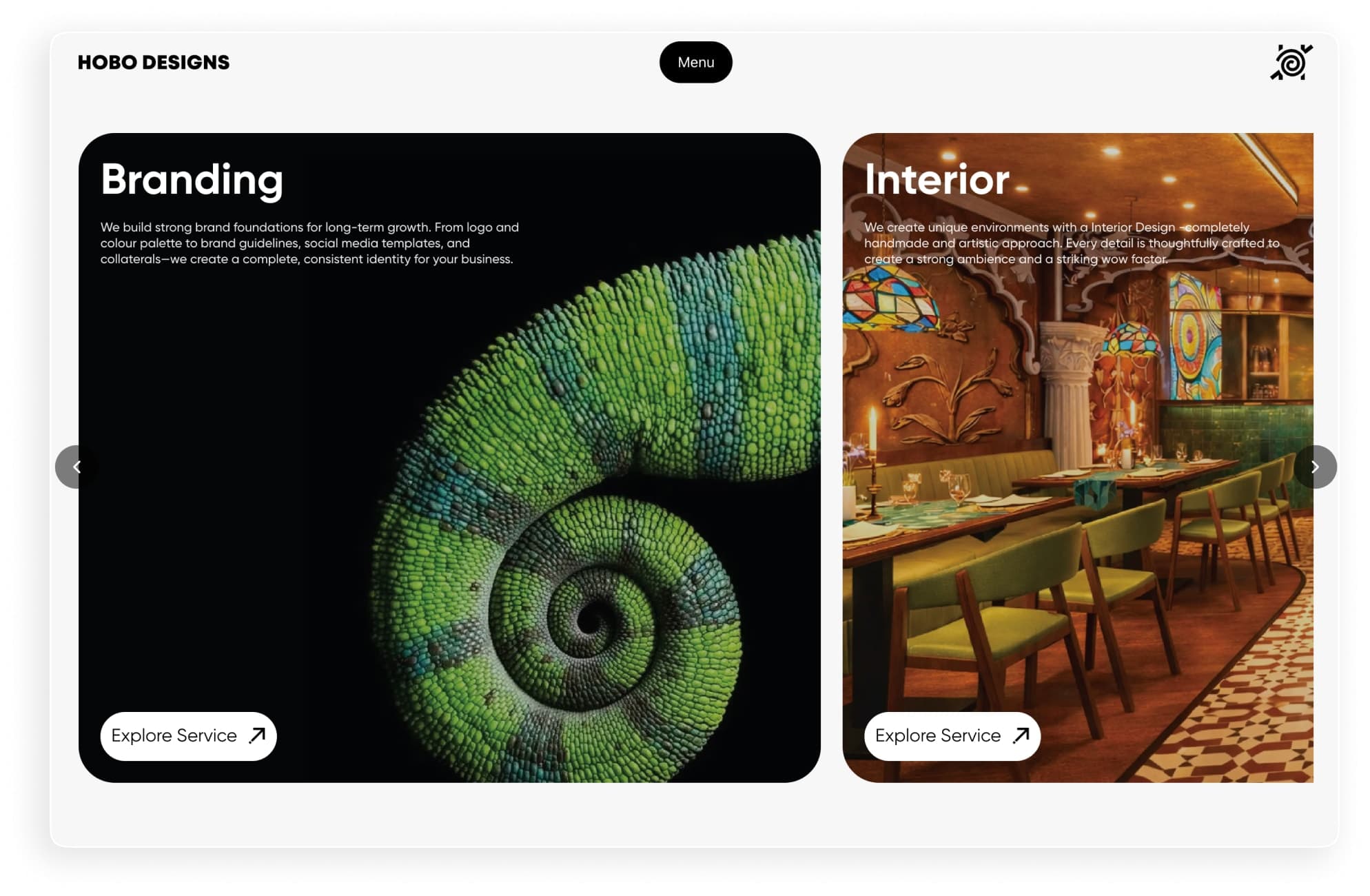 Hobo Designs website design and development project showcasing the homepage with a sleek and modern interface, featuring a dark background and vibrant orange accents. The design emphasizes user experience and visual appeal, highlighting the brand's identity and creative approach to digital solutions.