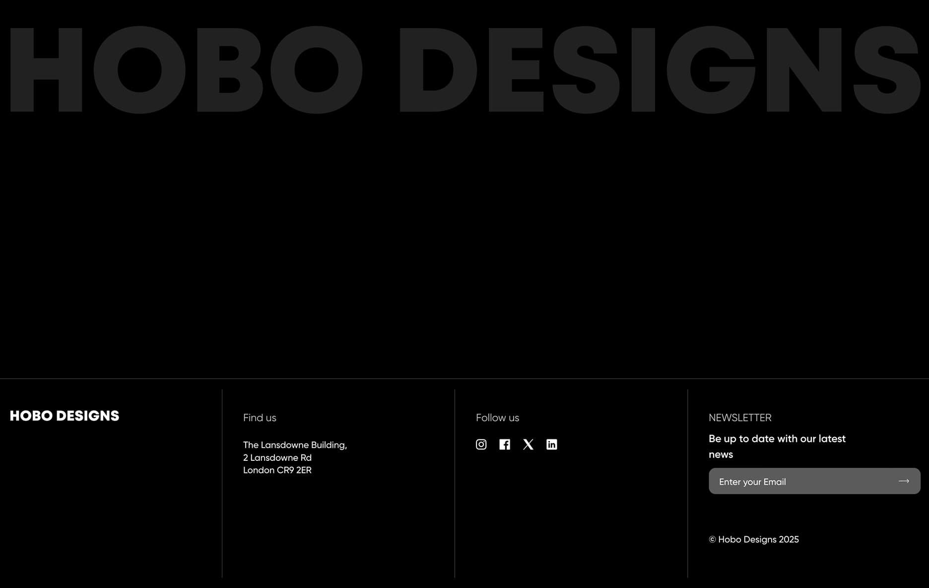 Hobo Designs website design and development project showcasing the homepage with a sleek and modern interface, featuring a dark background and vibrant orange accents. The design emphasizes user experience and visual appeal, highlighting the brand's identity and creative approach to digital solutions.