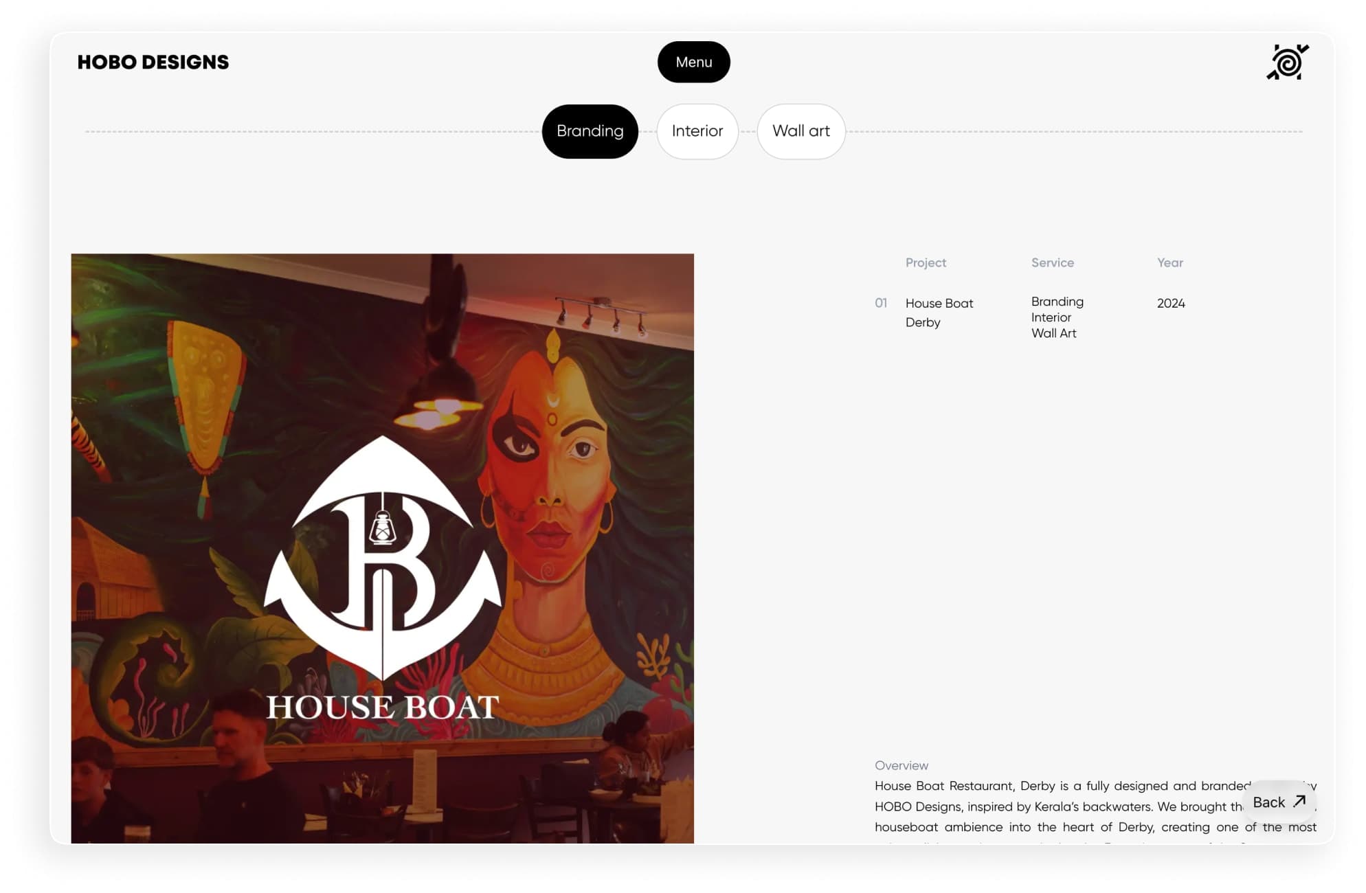 Hobo Designs website design and development project showcasing the homepage with a sleek and modern interface, featuring a dark background and vibrant orange accents. The design emphasizes user experience and visual appeal, highlighting the brand's identity and creative approach to digital solutions.