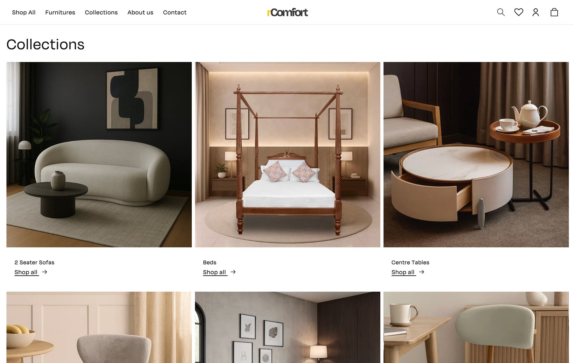 R Comfort website design and development project showcasing the homepage with a sleek and modern interface, featuring a dark background and vibrant orange accents. The design emphasizes user experience and visual appeal, highlighting the brand's identity and creative approach to digital solutions.